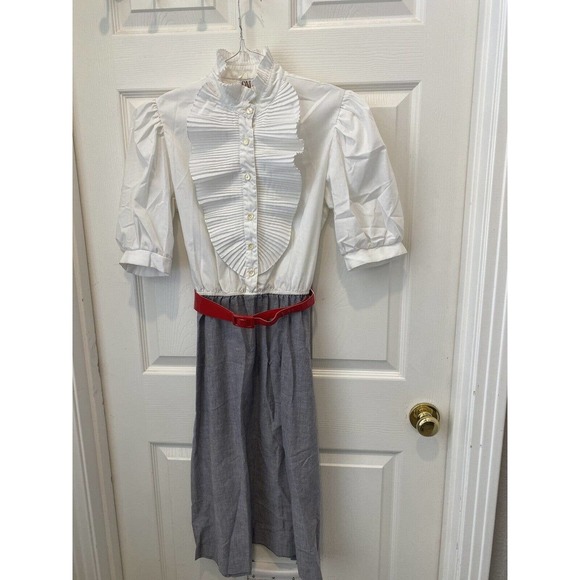 60s 70s VTG ruffled‎ secretary dress High Neck Tuxedo 9 10 medium large - Picture 1 of 4